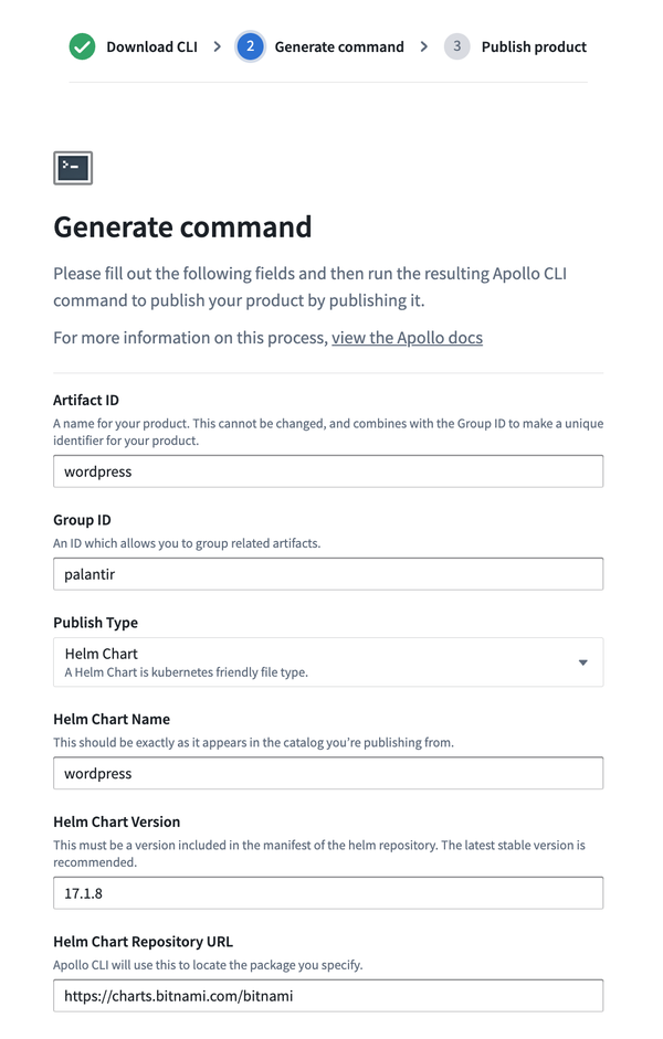 The completed Product publishing form.