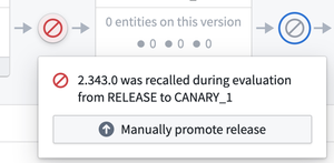 Hover over a Recalled transition node for more details on the release version and source and target Release Channels.