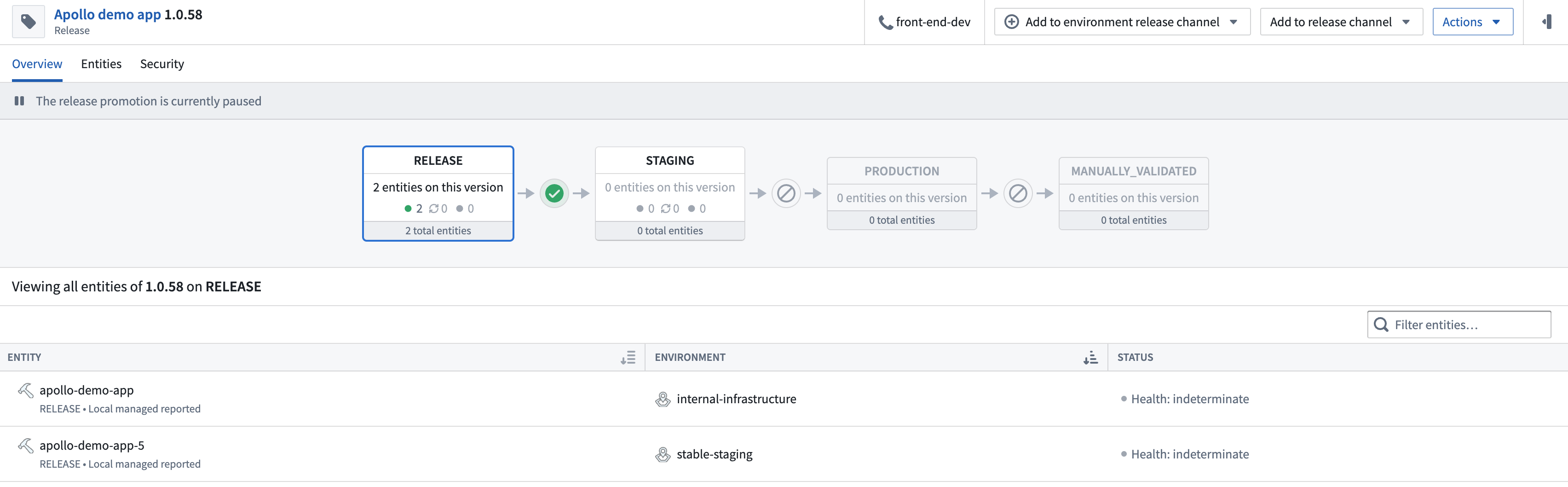 Select a Release Channel node to track the Entities that are on a Release.