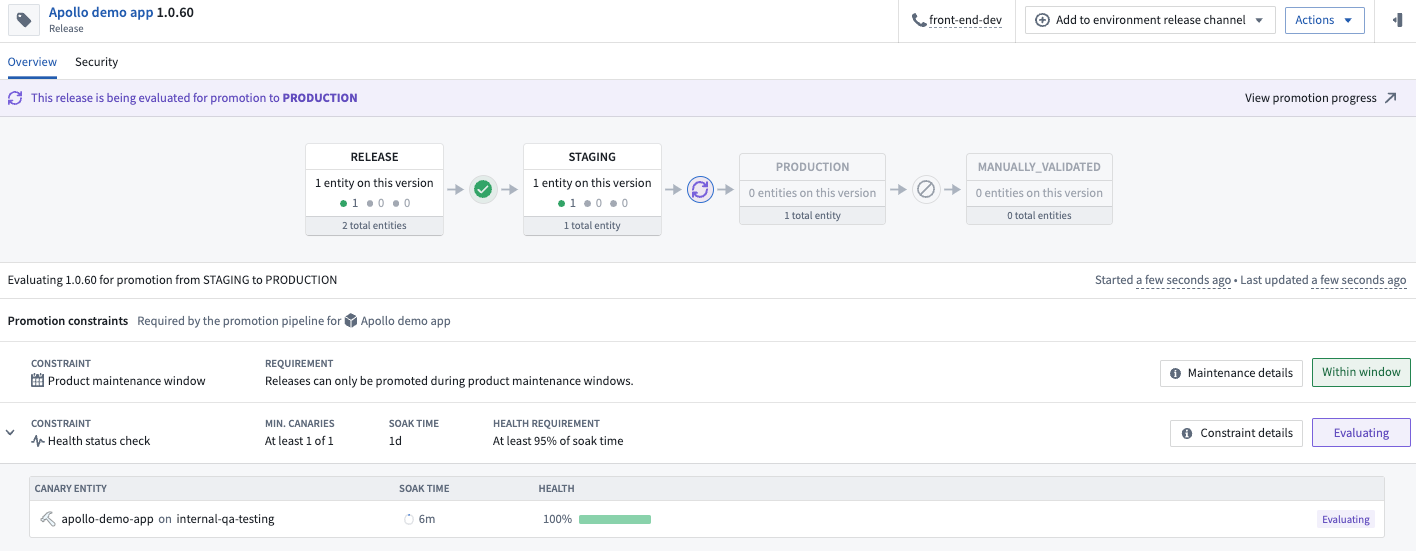 Select a transition node for information regarding promotion constraints for the promotion between RELEASE and STAGING Release Channels.