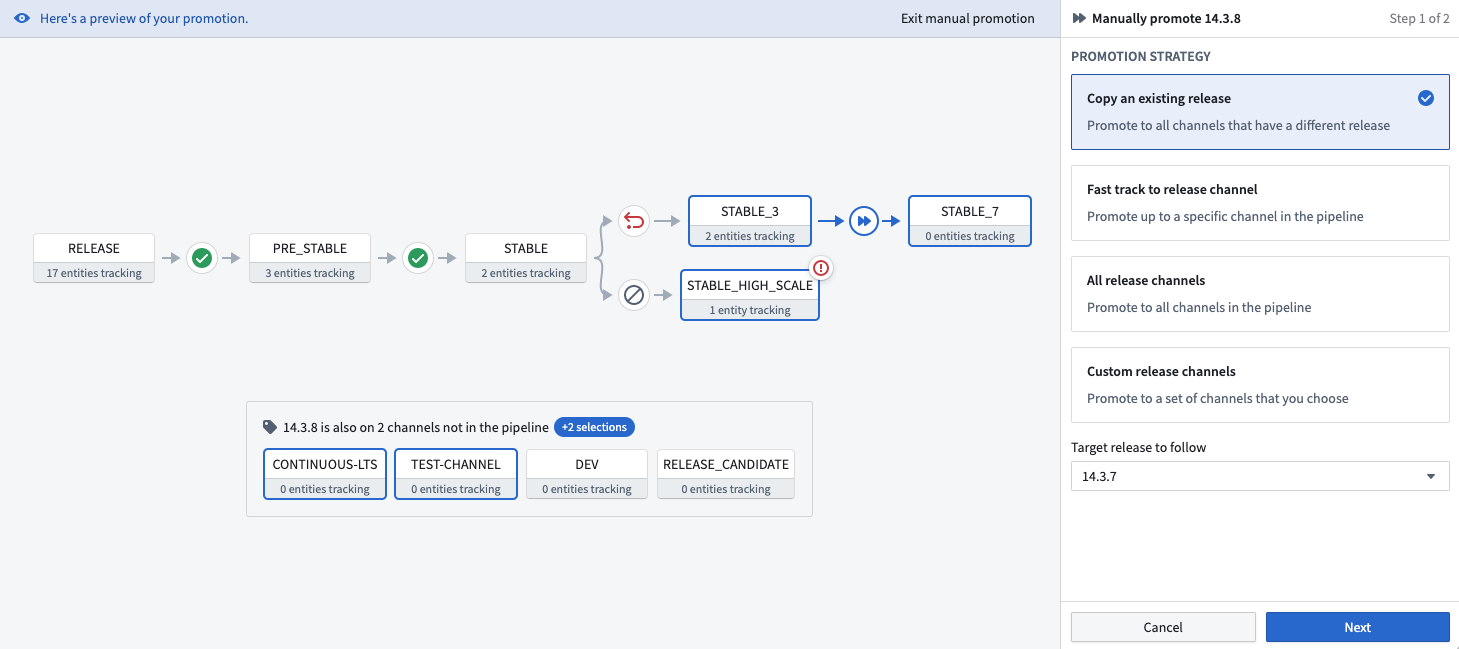 The Release Channels that have version 14.3.7 are highlighted. These will be manually promoted to version 14.3.8.