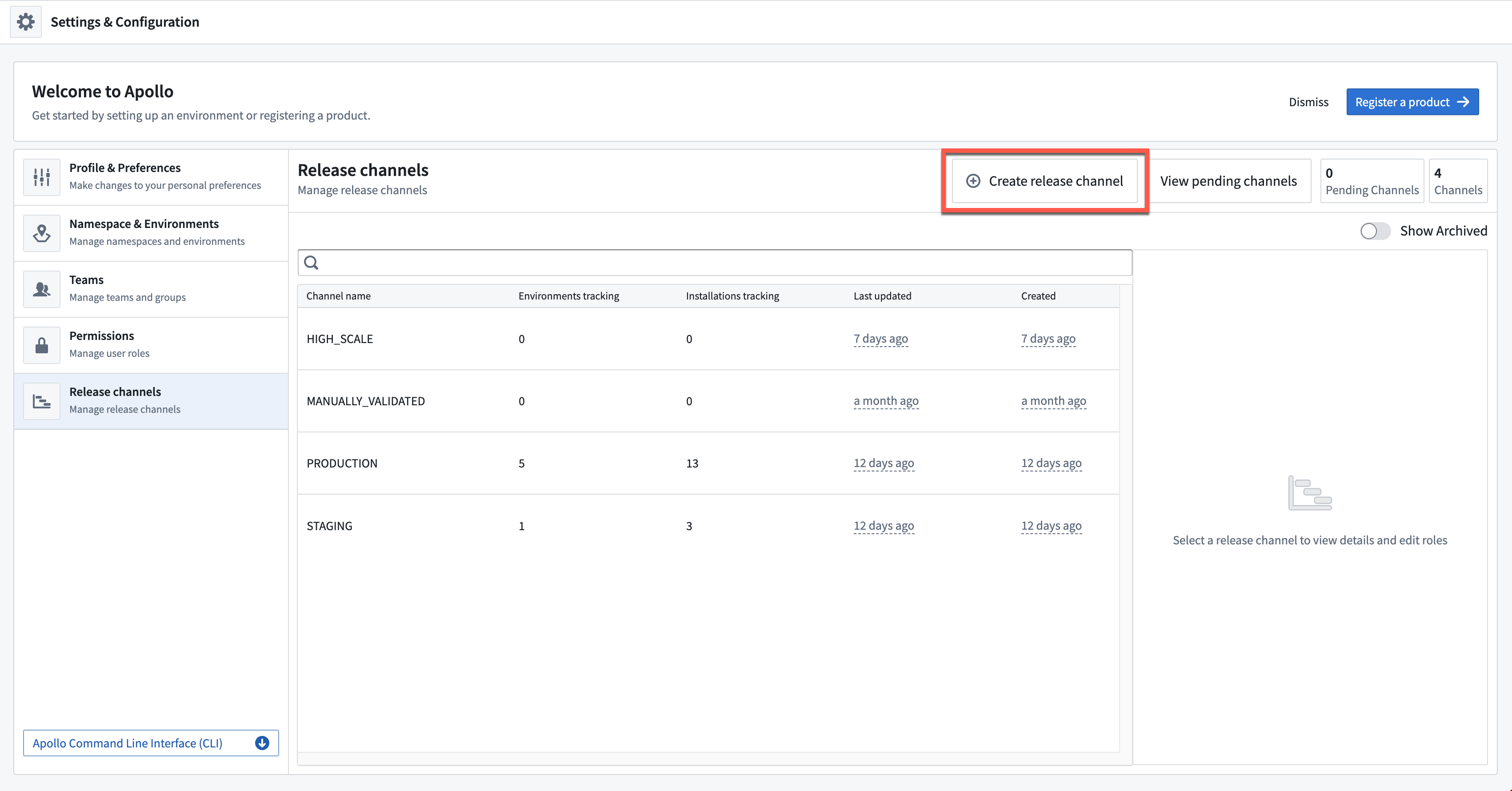 Create a custom Release Channel by selecting the Create release channel button.