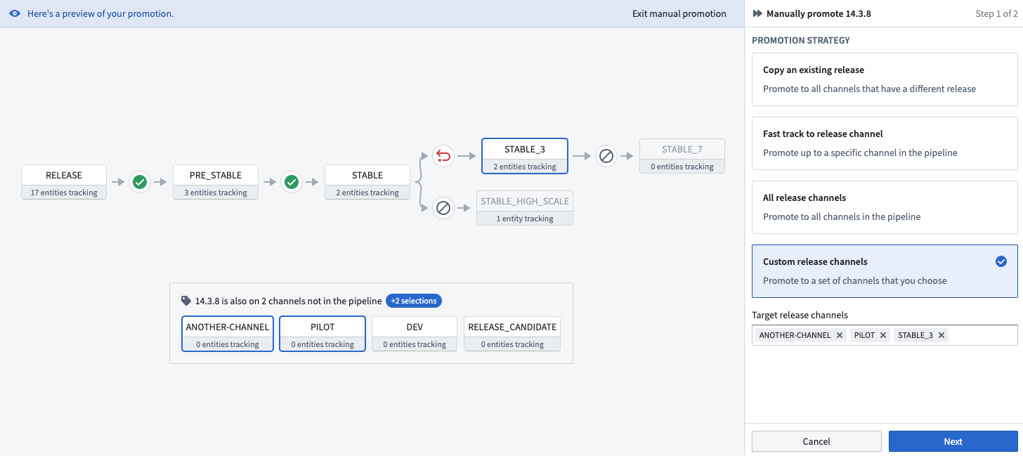 The PRE_STABLE, ANOTHER_CHANNEL, and PILOT Release Channels are highlighted since these have been defined as the custom Release Channels to manually promote to version 14.3.8.