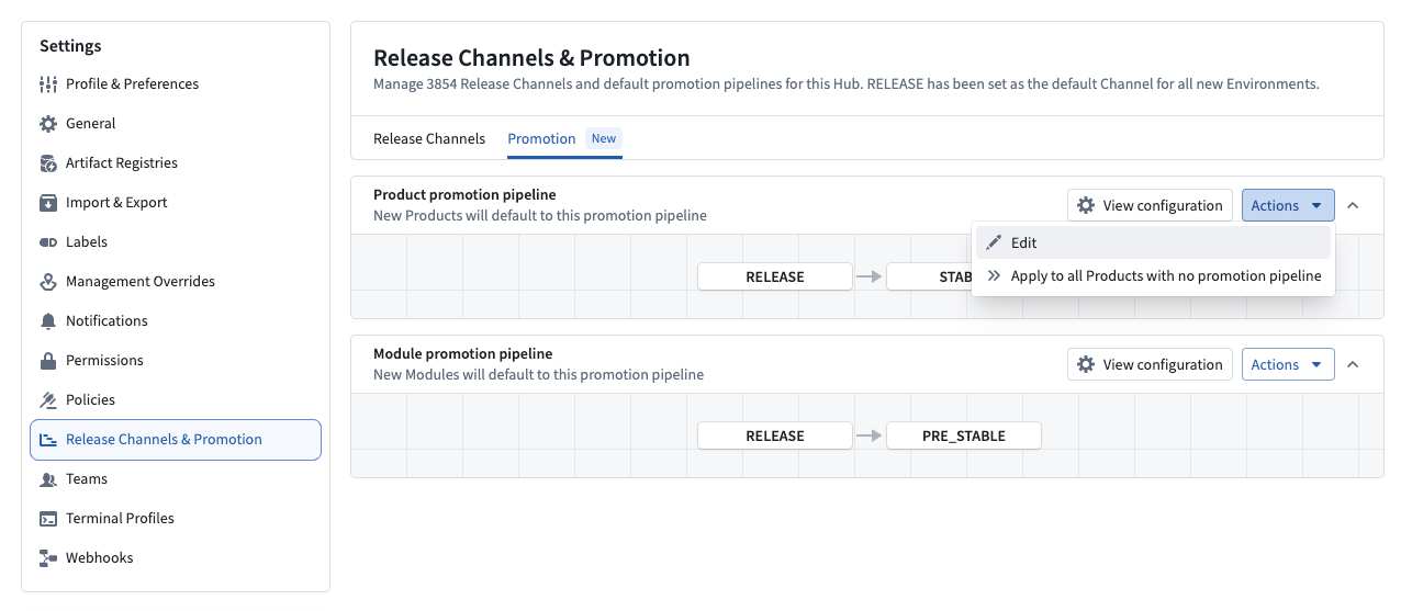The Release Channels & Promotion tab in Hub Settings, showing the Edit option for the Product and Module defaults.