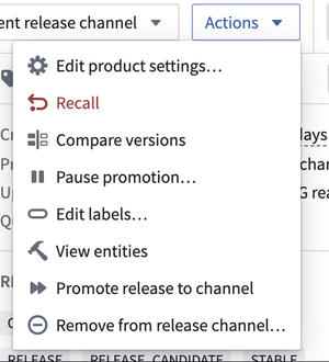 Use the Actions dropdown menu to select the Add to release channel option to manually promote a Product Release.