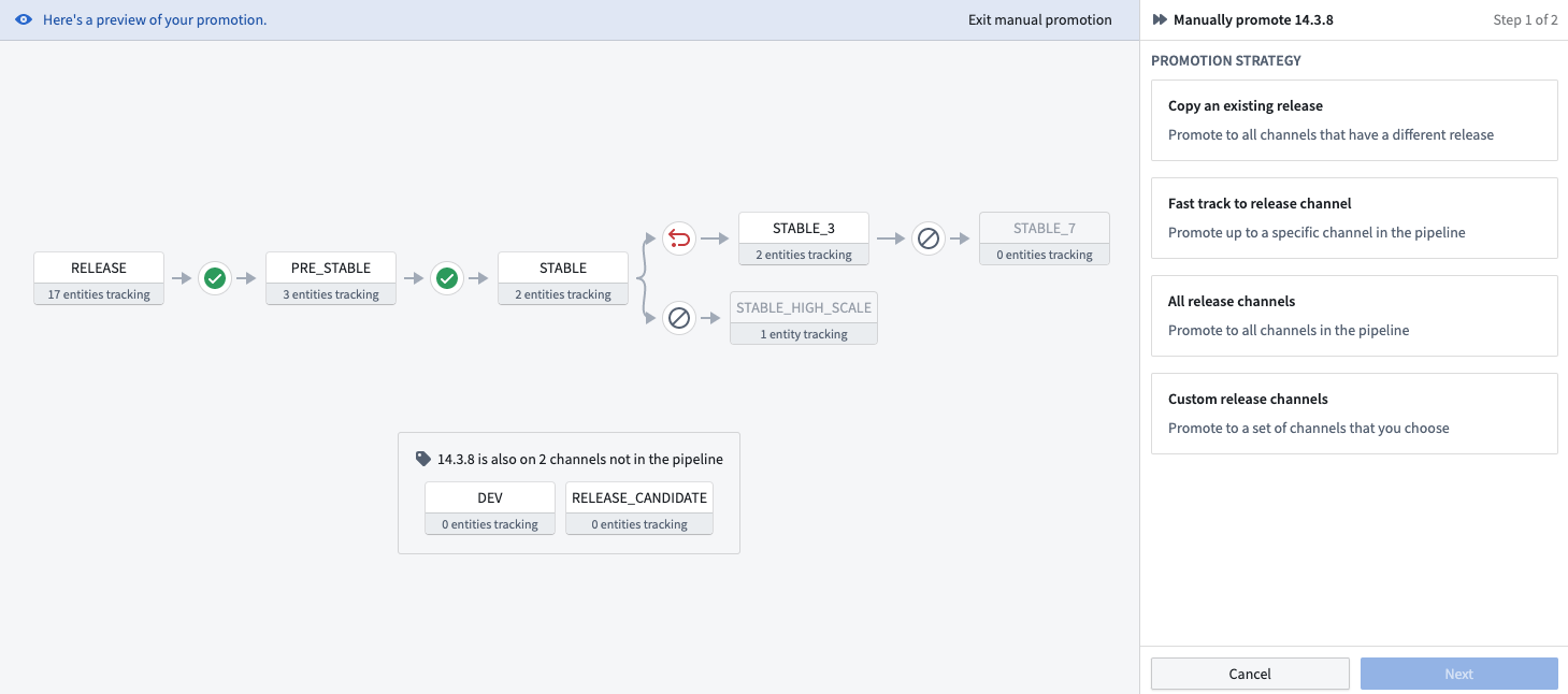 The manual promotion page displays six Release Channels in the promotion pipeline and three Release Channels that have version 14.3.8 that are not in the pipeline.