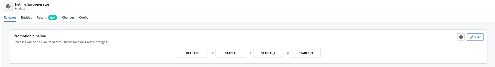View the Release promotion pipeline that all Product Releases will follow on the Product overview page.