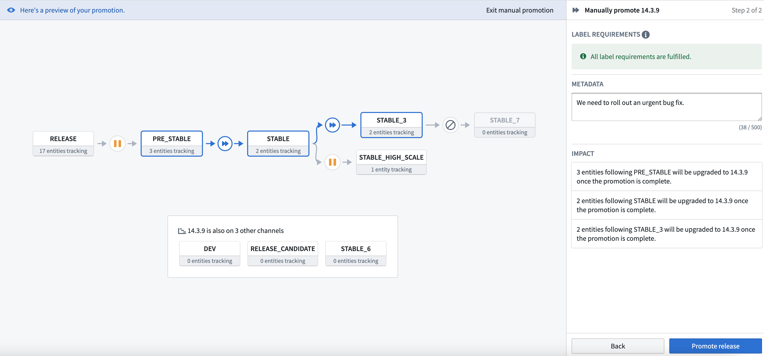 After selecting a manual promotion strategy and target Release Channel(s), a sidebar will display the label requirements and the number of Entities affected, as well as prompt you to enter a reason for manual promotion.