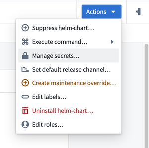 The Actions dropdown is expanded and the Manage secrets option is highlighted.