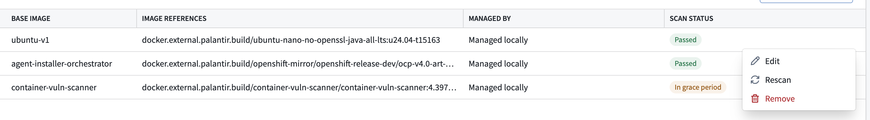 A base image row action menu provides options to edit, rescan, or remove the image.