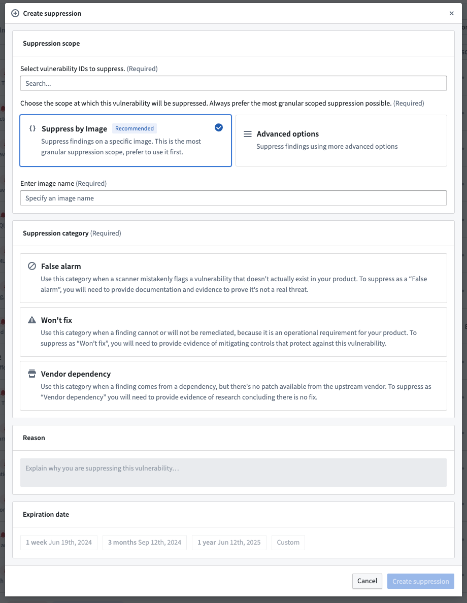 The suppression creation form.