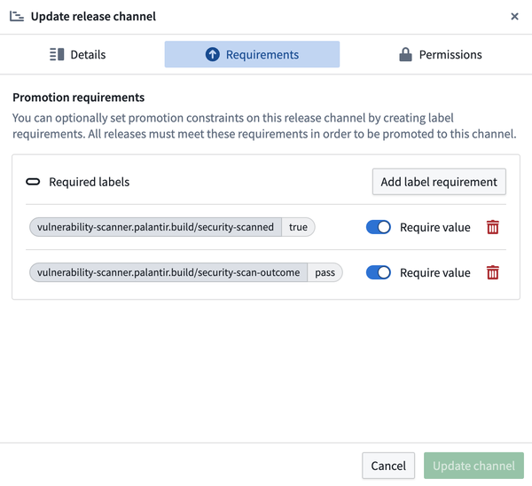 A Release Channel that has two label requirements based on vulnerability scanning.