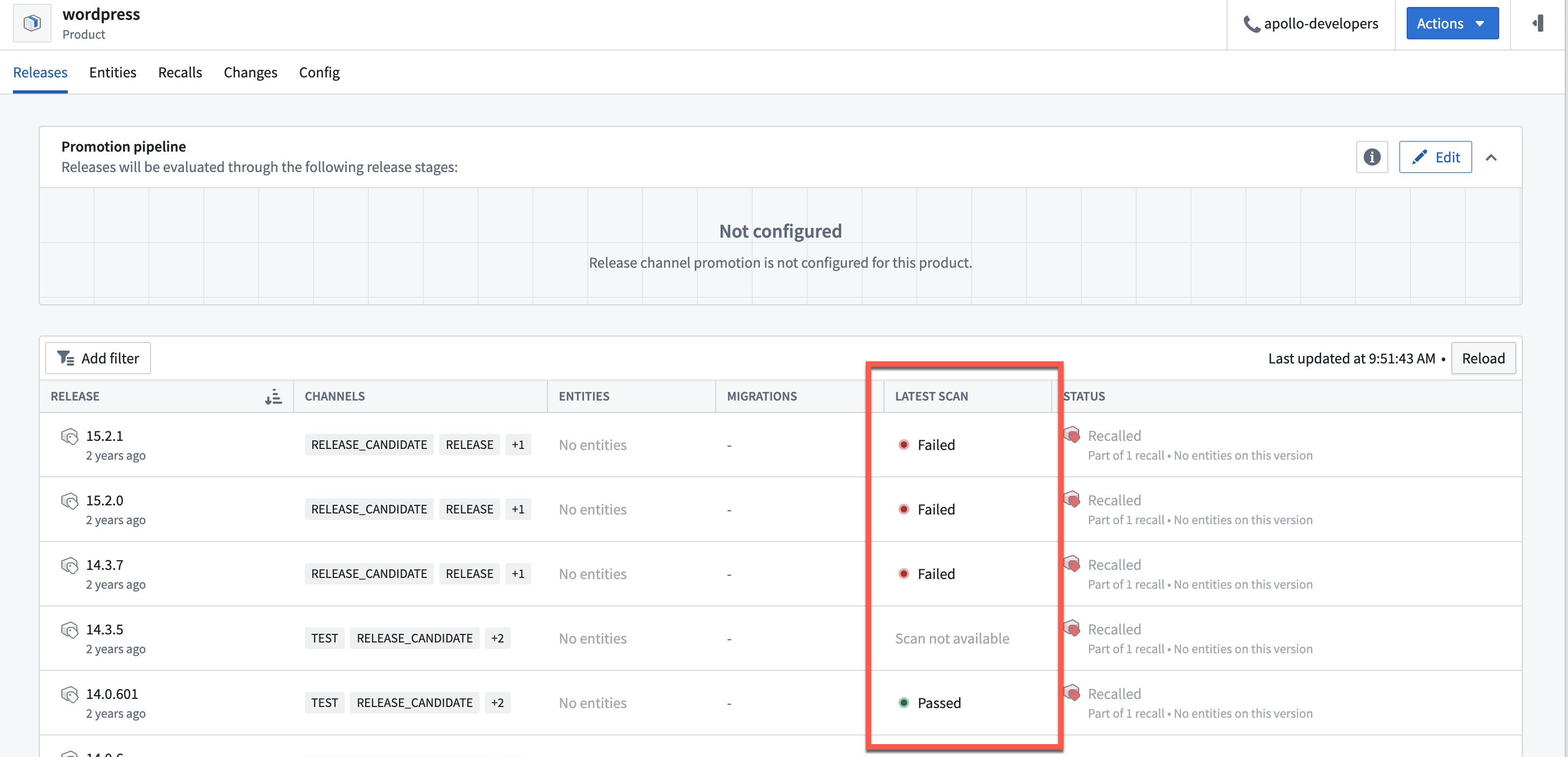 The latest scan column in the Release table is highlighted.