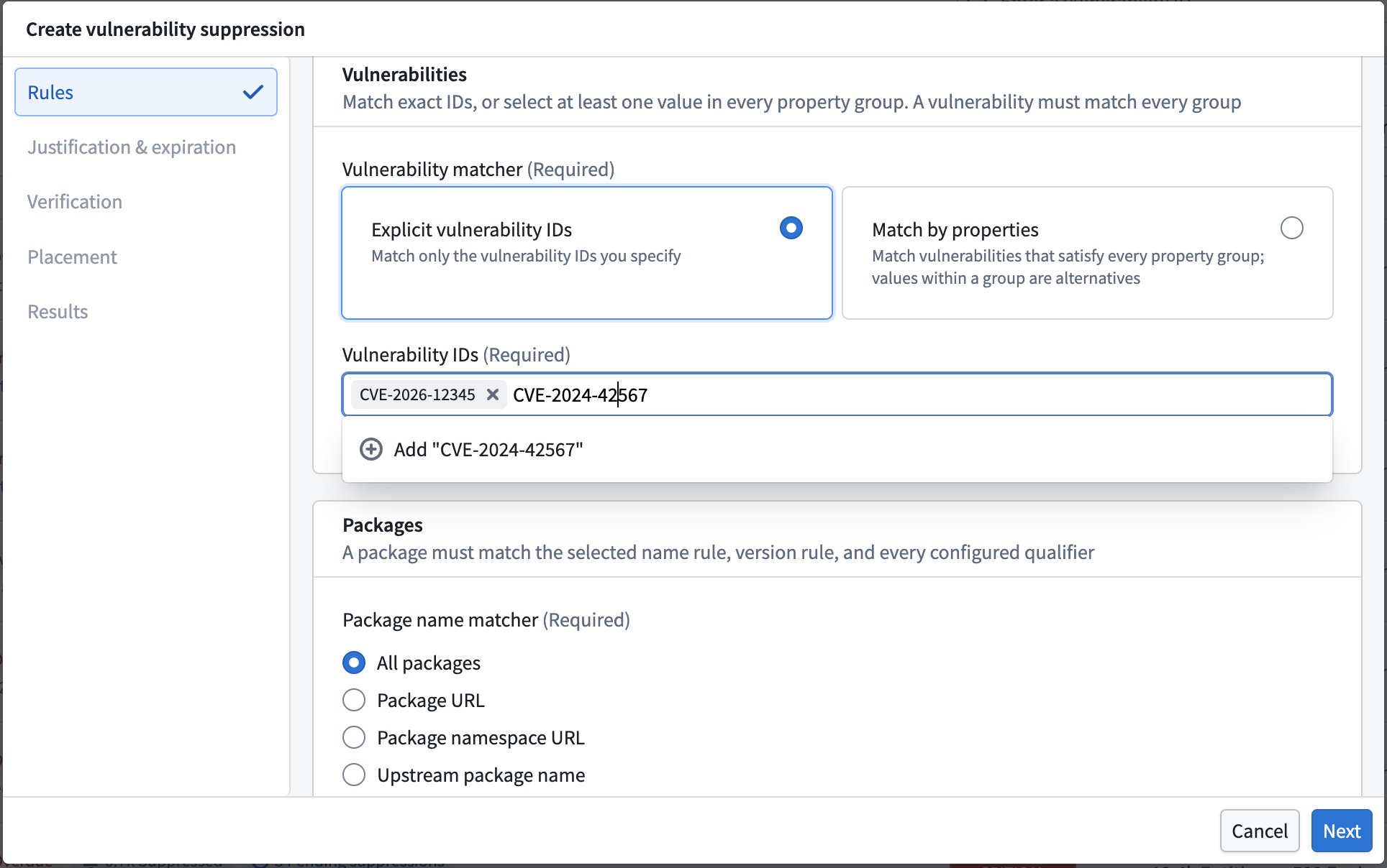 The vulnerability matcher set to Explicit vulnerability IDs, with a CVE entered.