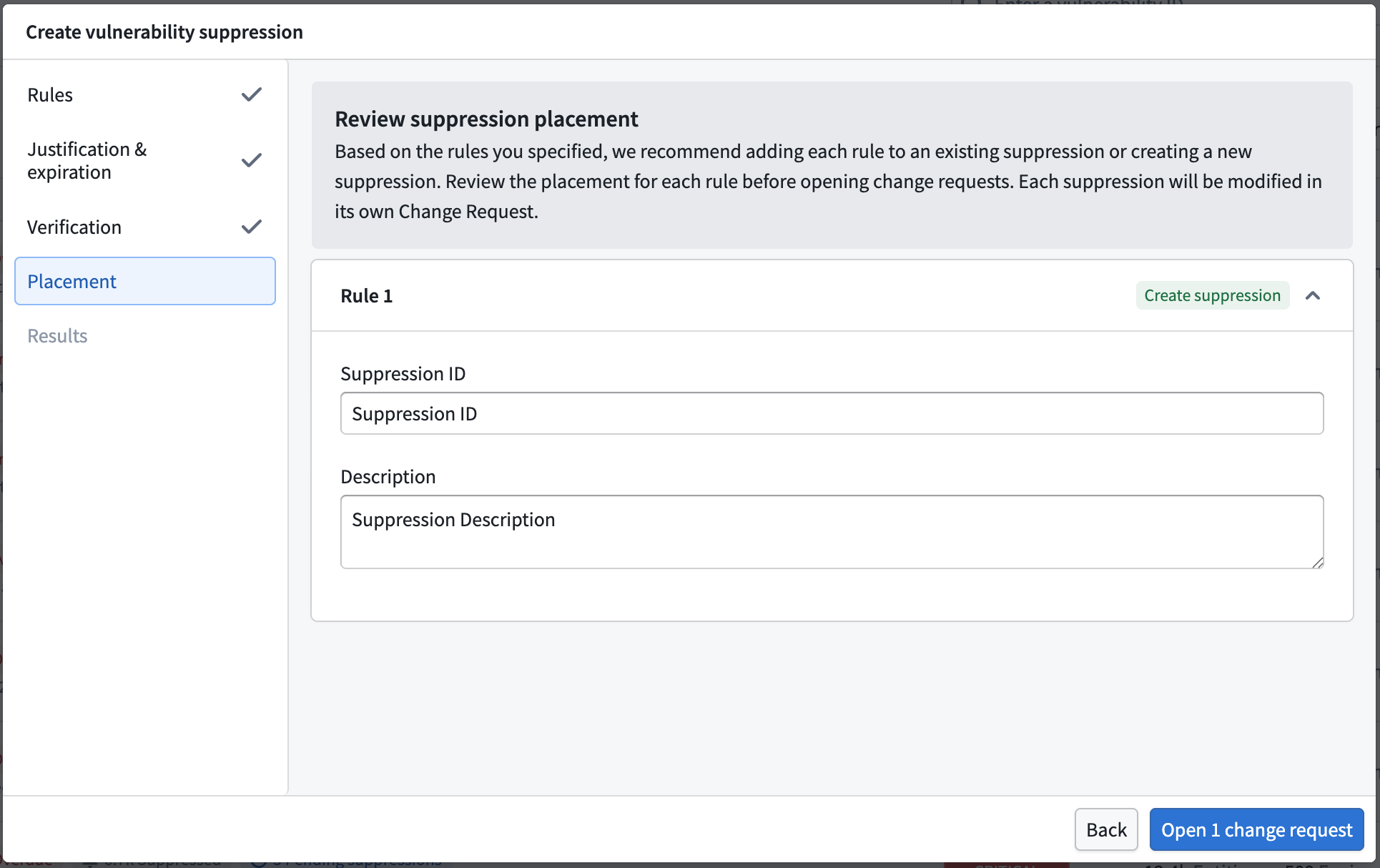 The Placement step, showing the recommended suppression ID and description.