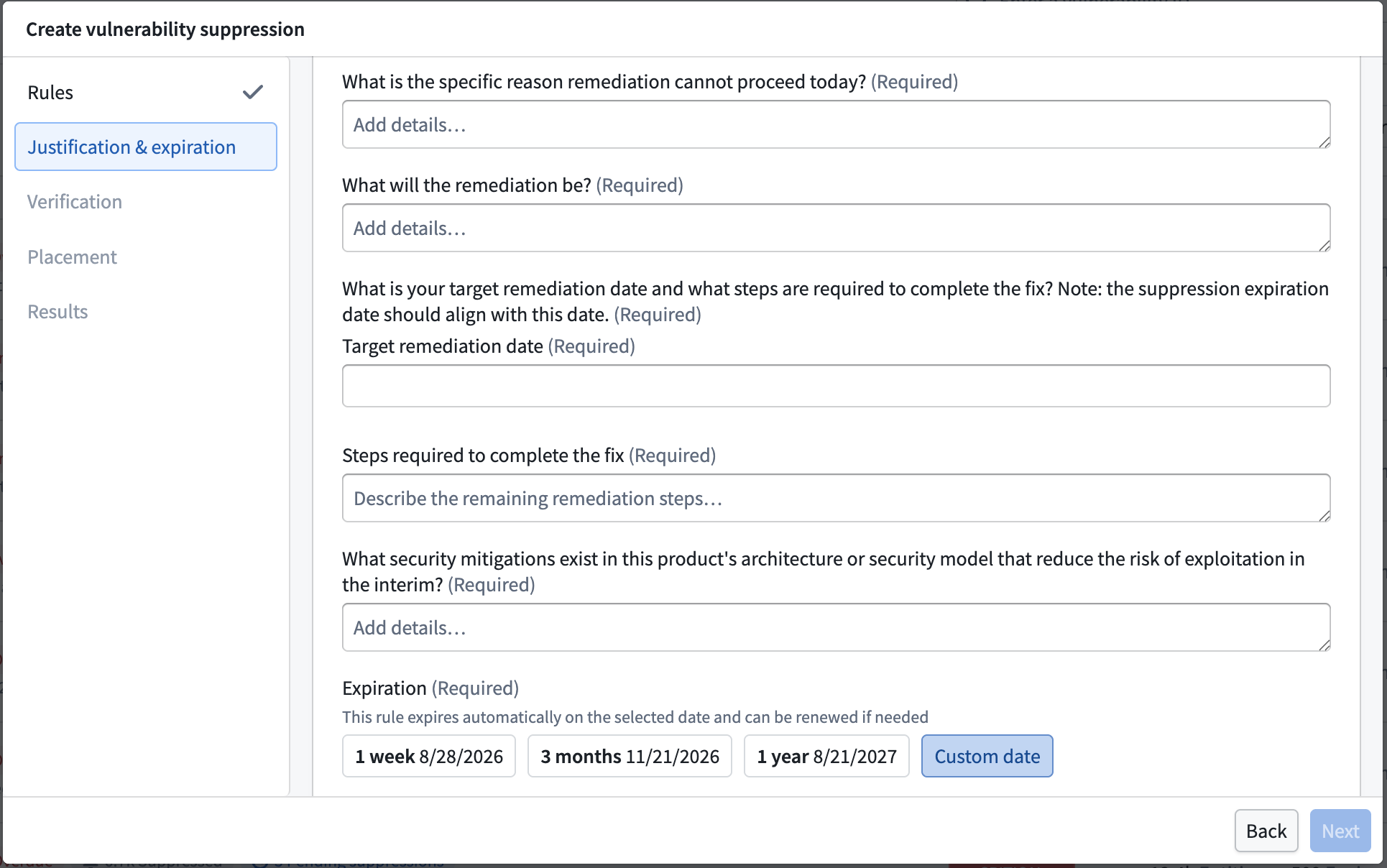 The justification and expiration questionnaire, with required fields.