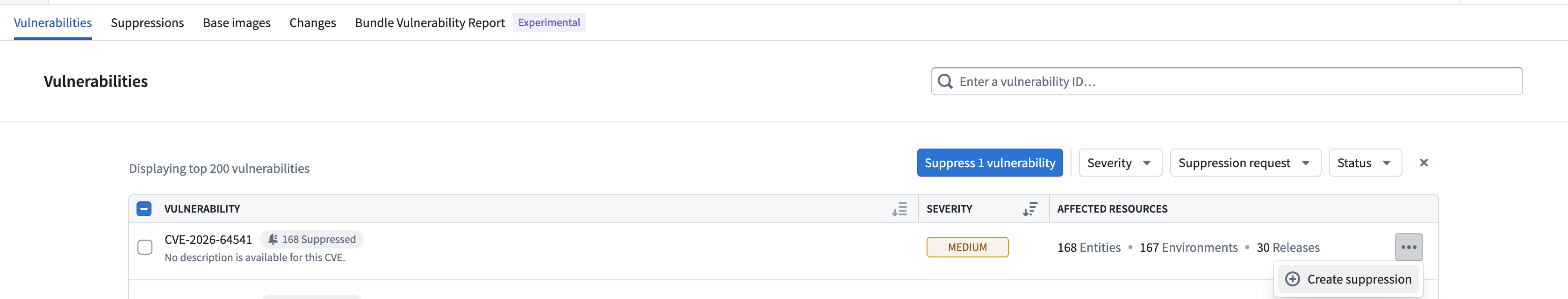 The Vulnerabilities tab of the Risk Management application, with the Create suppression button.