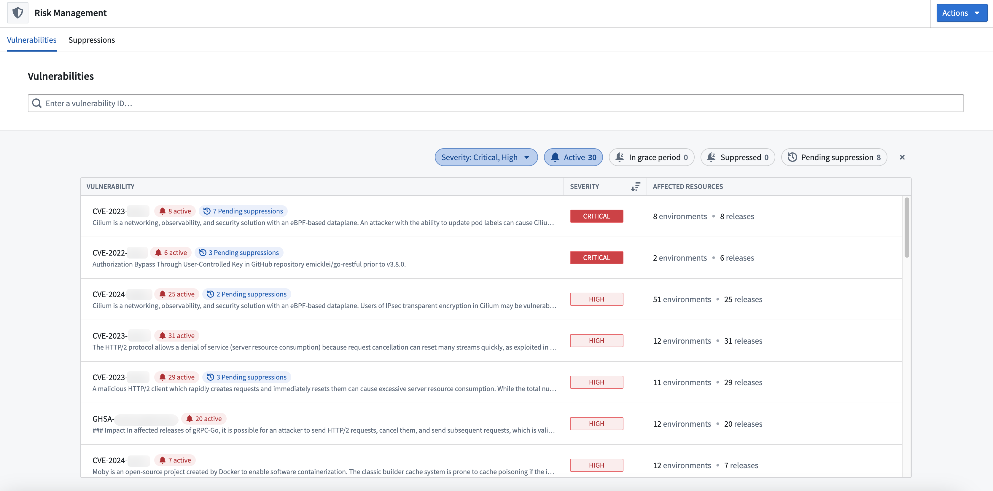 The Vulnerabilities tab of the Risk Management application.