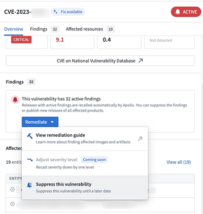 The Remediate dropdown is expanded and the Suppress the vulnerability button is highlighted.