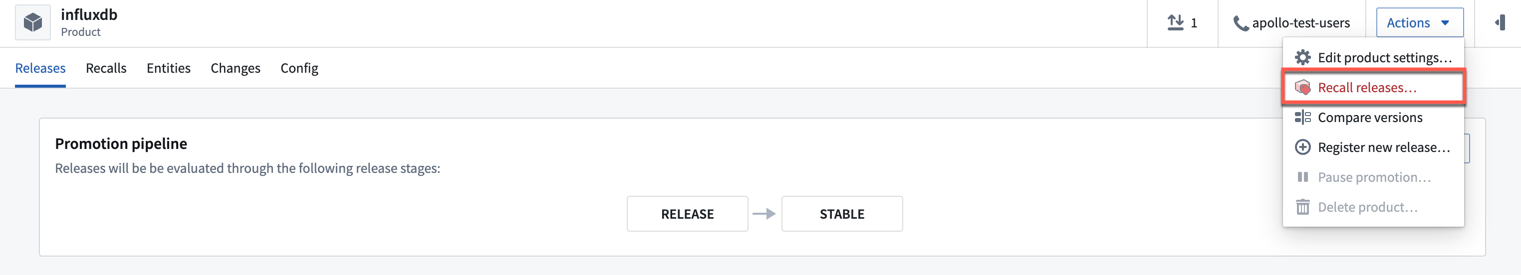 The recall releases option from the Actions dropdown is highlighted.