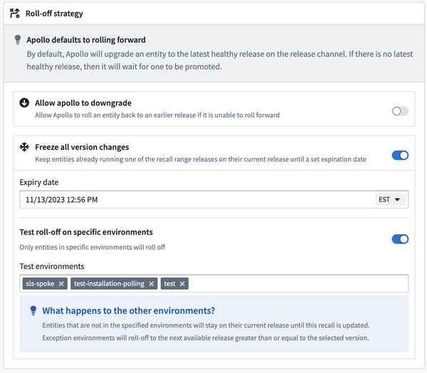 The test roll-off on specific environments option is highlighted.