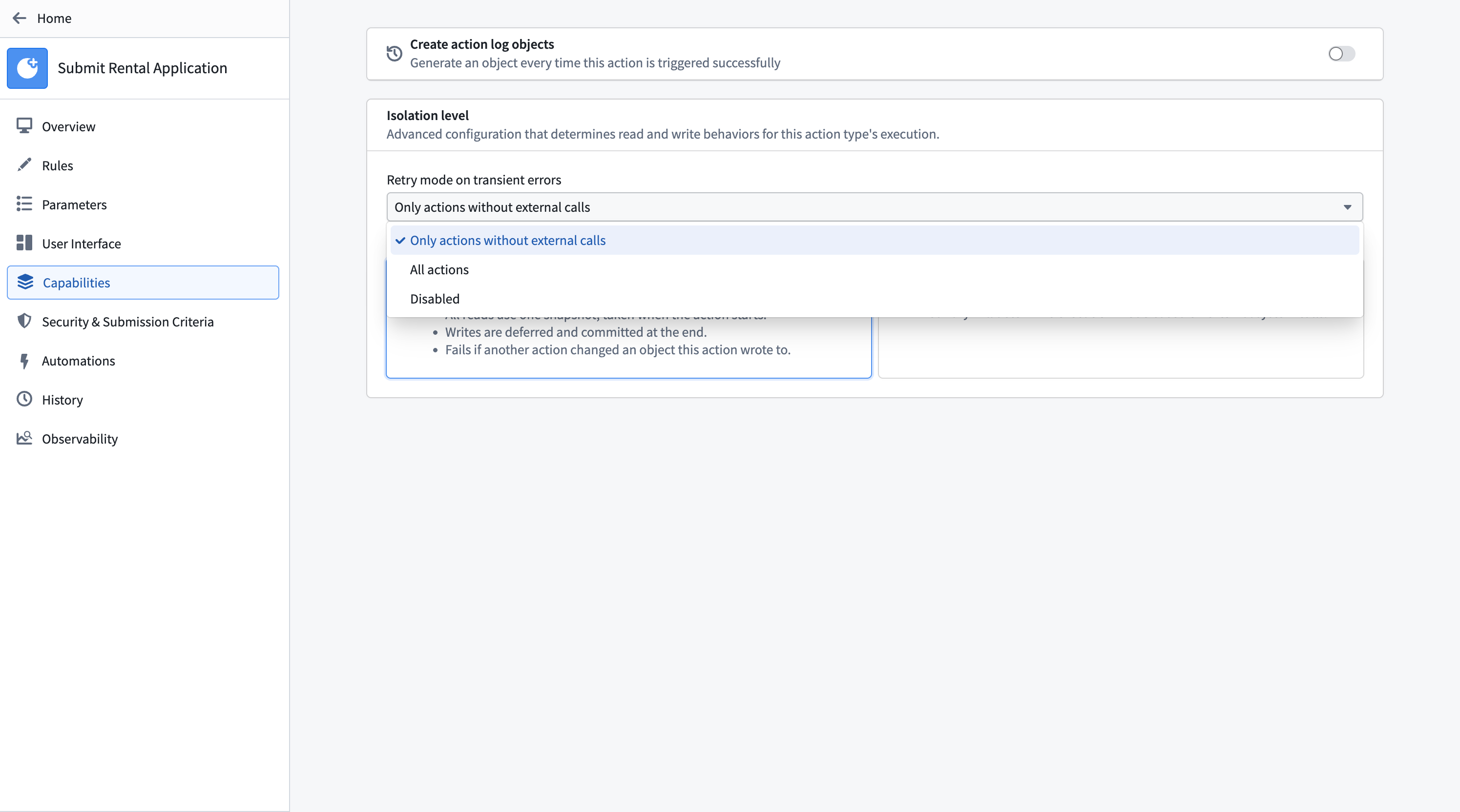The Retry mode on transient errors dropdown in the Capabilities tab showing the available options.