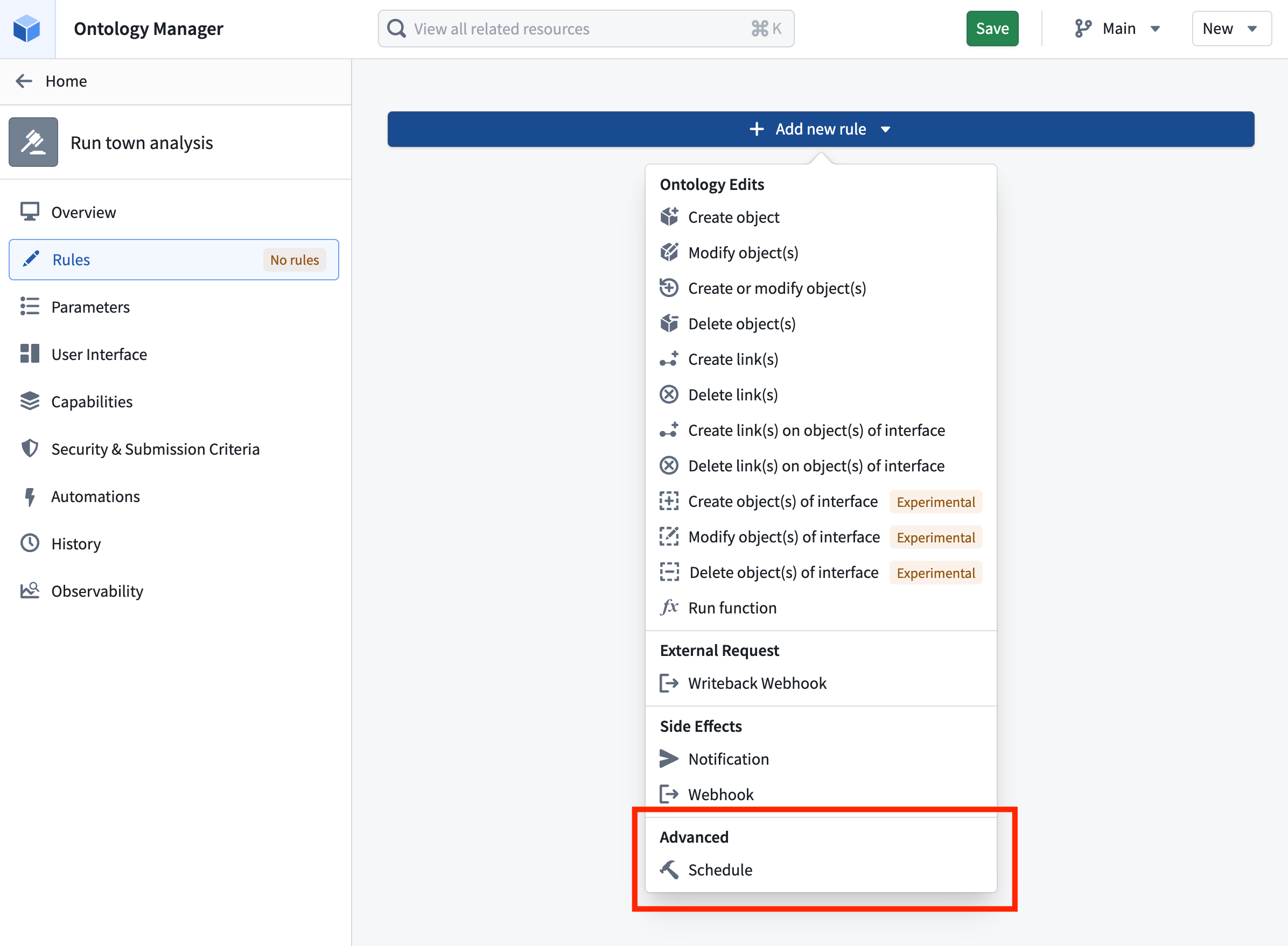 Action type configuration page in Ontology Manager. A schedule rule is being added.