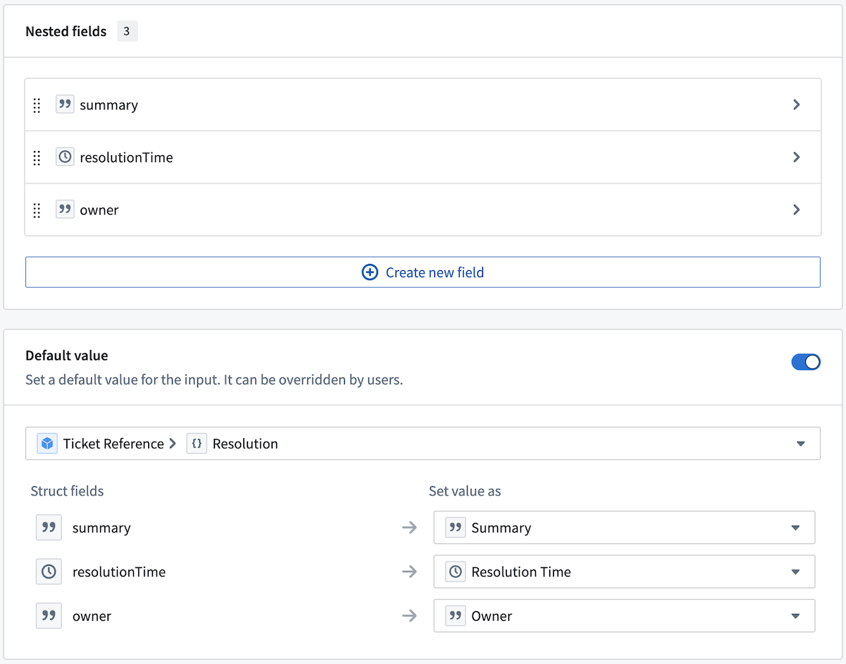Define default values for struct parameter fields.