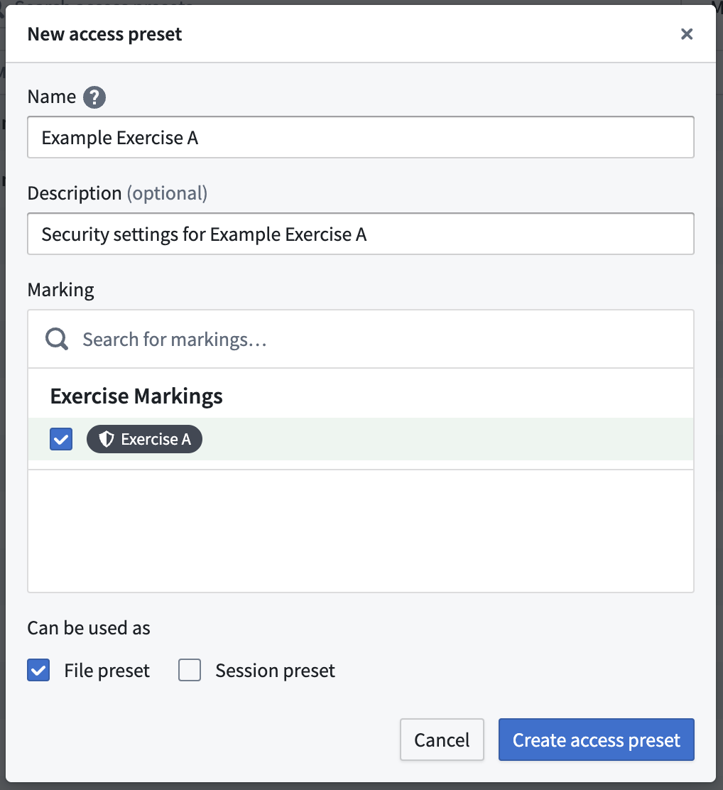 The New access preset popup window is displayed.