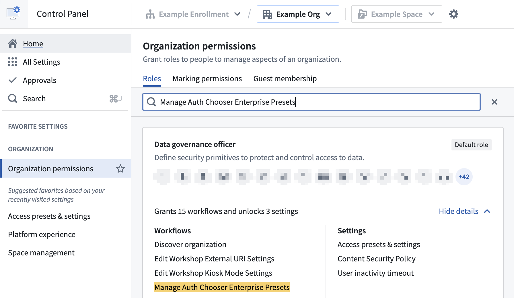 The Organization permissions extension in Control Panel displays members who can manage auth chooser enterprise presets to configure file access presets.