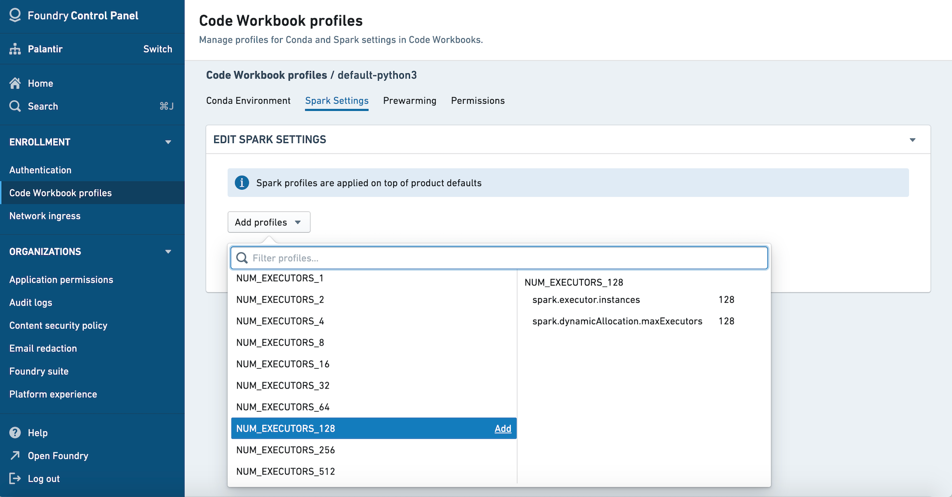 code workbook profiles spark settings