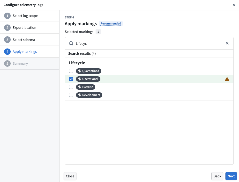 The apply markings step showing a search interface for selecting security markings to apply to the log dataset.
