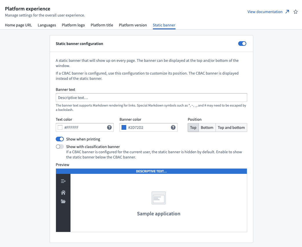 Configure the static banner in the Platform experience settings