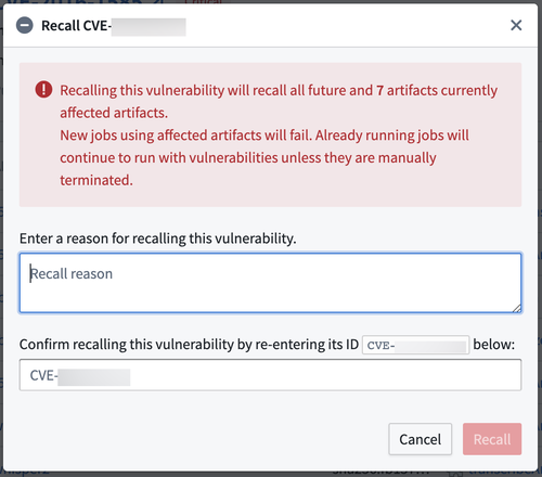 Container governance vulnerability recall pop up