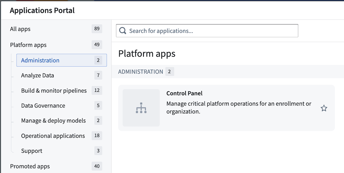 The Control Panel application from the Applications Portal view.