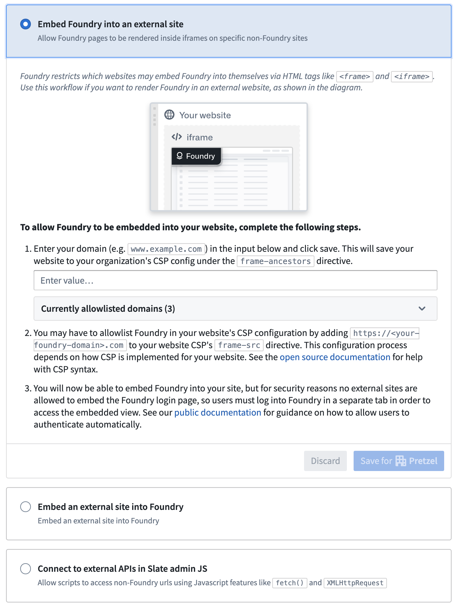 Content Security Policy workflow: embedding Foundry resources externally