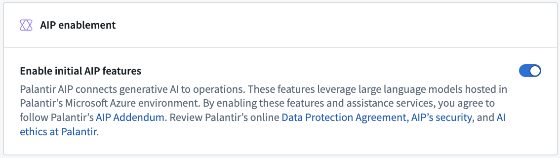 Toggle to enable AIP and core features.