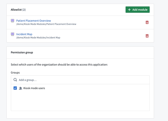 Kiosk mode module allowlist and permission group allowlist.