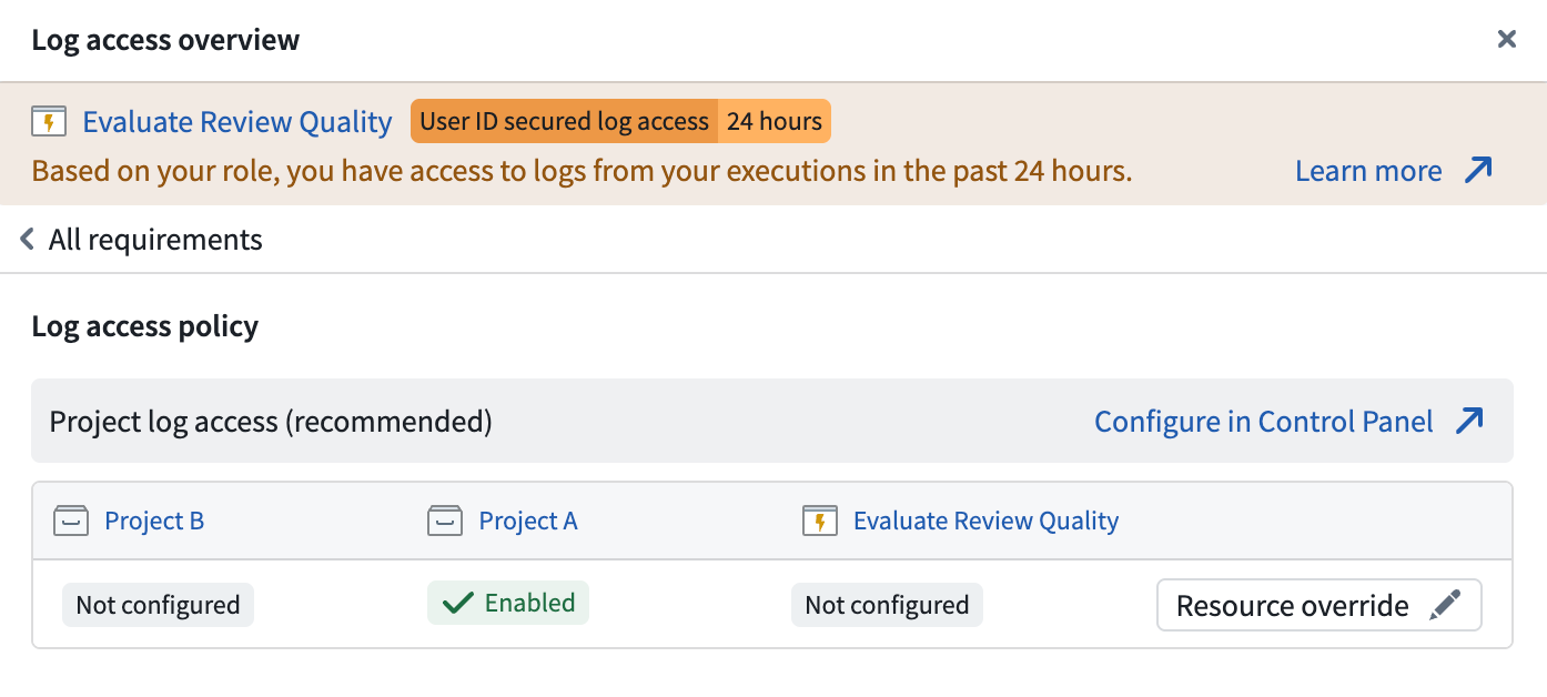 Log access configuration table showing project and resource override status.