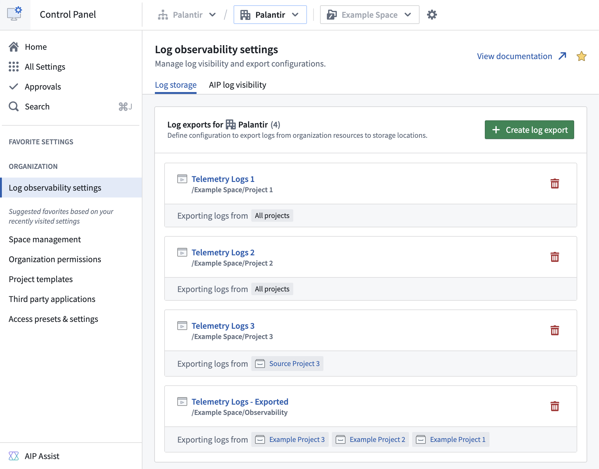 The configurations list now includes the newly created log export configuration.
