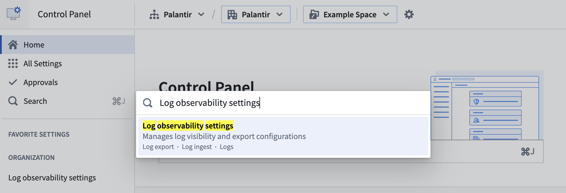 The Control Panel search interface showing the log observability settings option.
