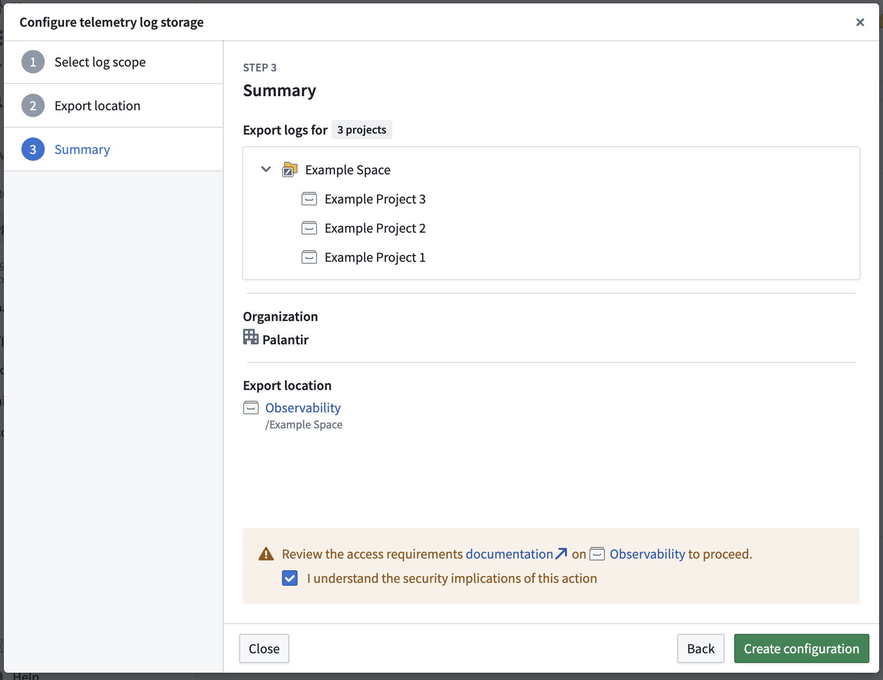 The access requirements review screen displaying permissions needed to complete the configuration.