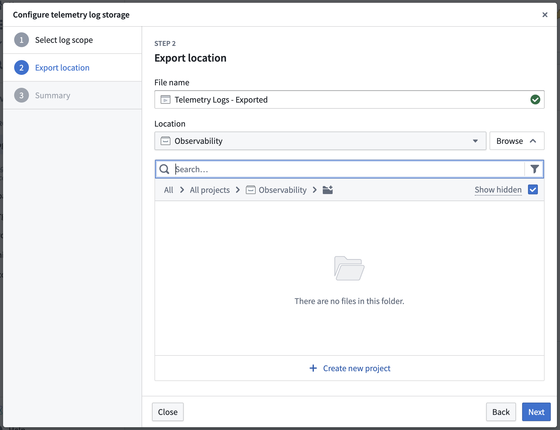 The export location configuration dialog showing fields to specify the dataset name and location.