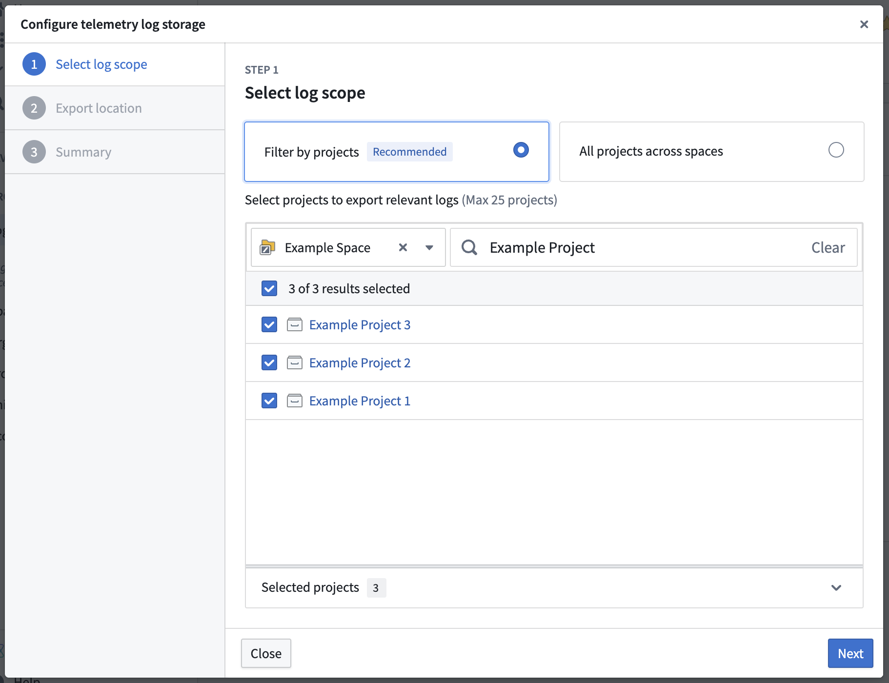 The log scope selection interface with options to filter by specific projects or include all projects.