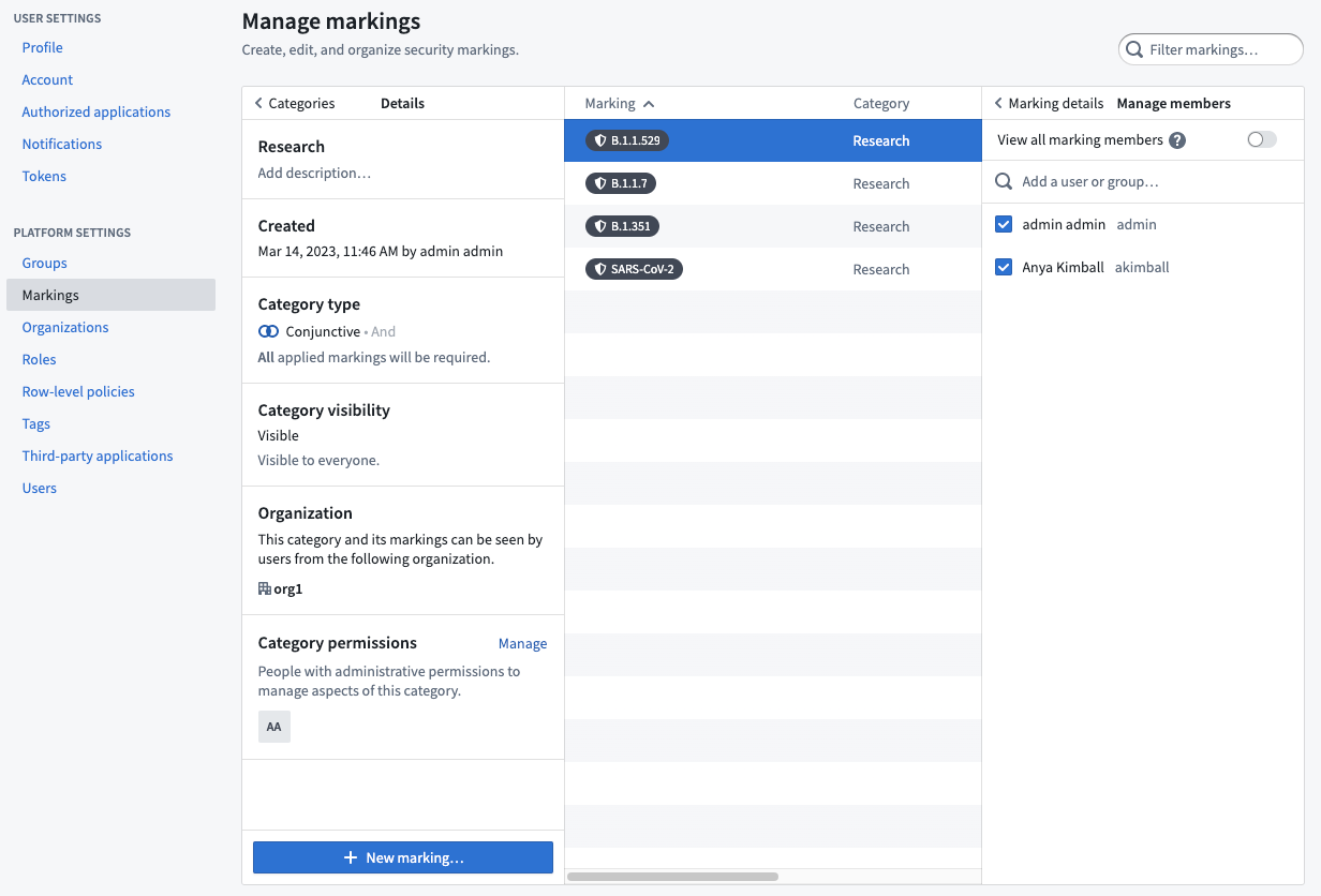 marking management interface