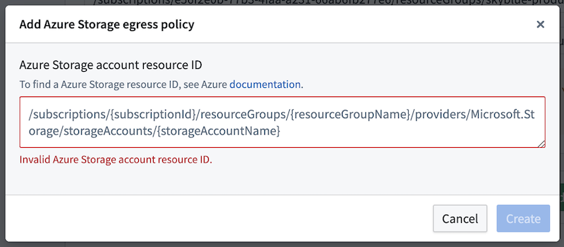 Dialog showing the inputs required to add a new Azure Storage policy.