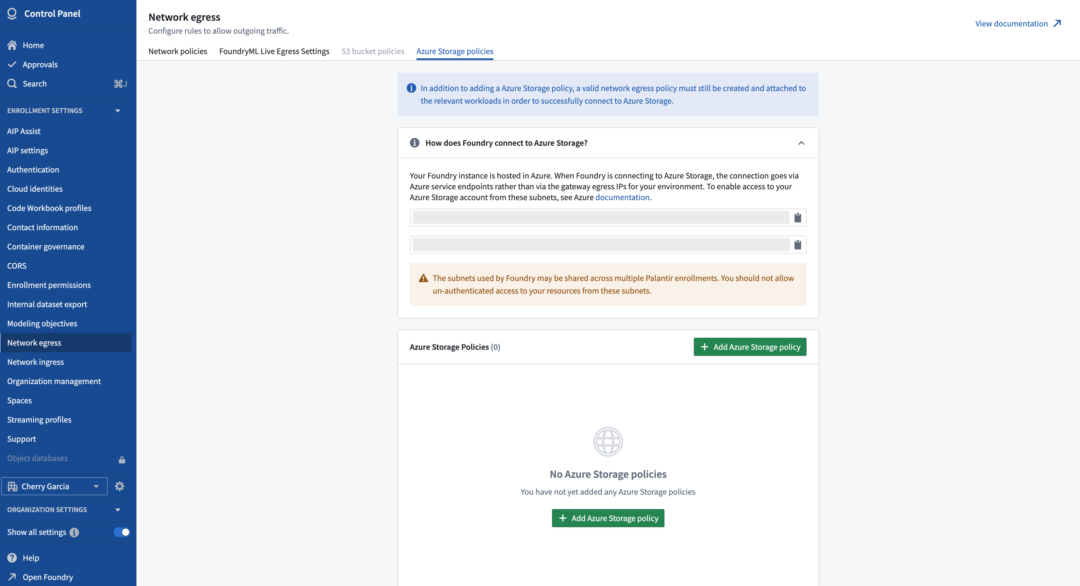 The Control Panel configuration page for Azure Storage policies.