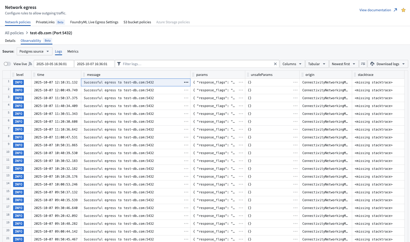 Network egress logs in Control Panel