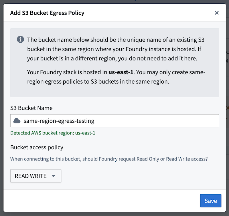 Dialog showing the inputs required to add a new same-region S3 bucket policy