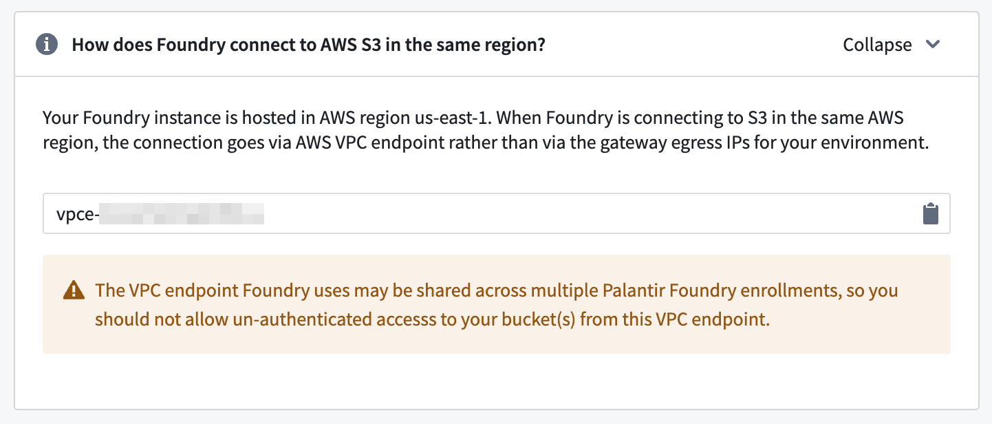 A Control Panel page displaying the VPC endpoint for a Foundry instance